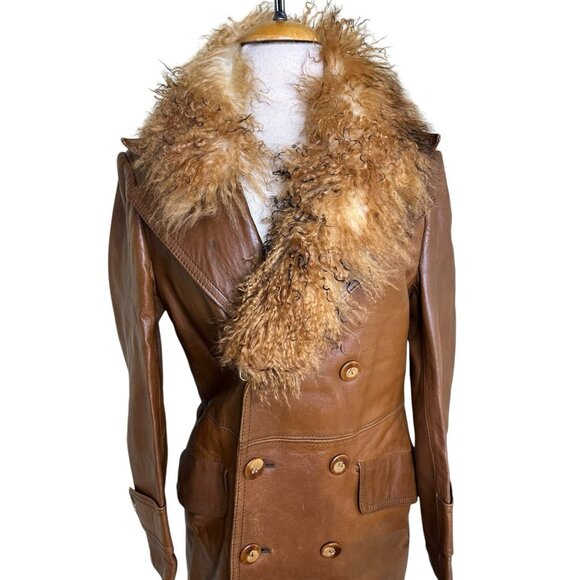 VTG 70s Brown Long Leather Spy Trench Coat Fur Collar Hippie Disco Retro M SPAIN - Picture 1 of 16